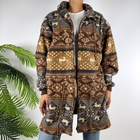 Womens Vintage 90s Brown Aztec Fleece Bohemian Western Zip-Up Jacket / Small - Picture 5 of 7